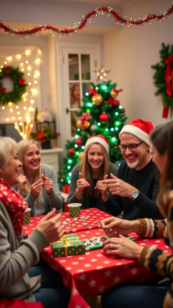 Christian Christmas Party Games Group of people playing Christmas party games in a decorated living room.
